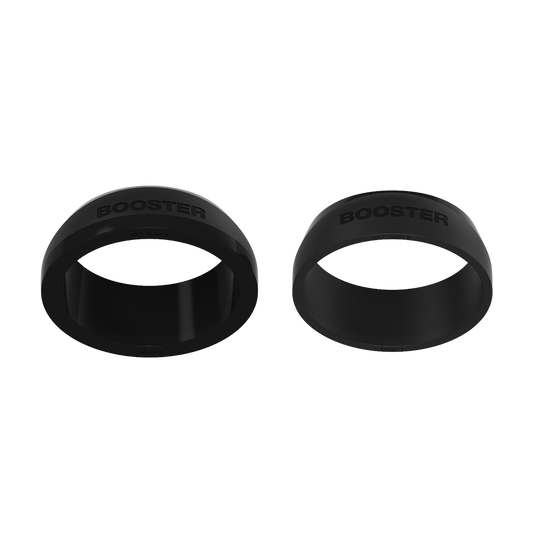 Pair of black silicone caps with BOOSTER embossed on the sides.