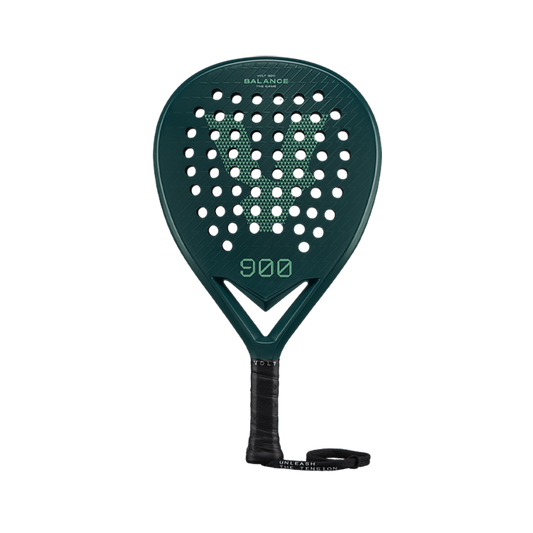 Front view of the Volt 950 V4 padel racket, showcasing its carbon fiber pattern, white branding, and perforated design for optimal performance.