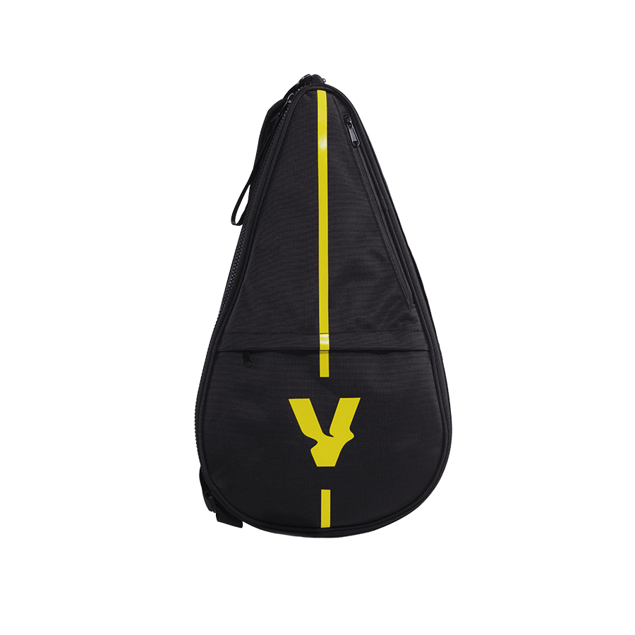 Protective cover for the Volt padel racket in black, featuring an elegant design with a yellow Volt logo and a side zipper.