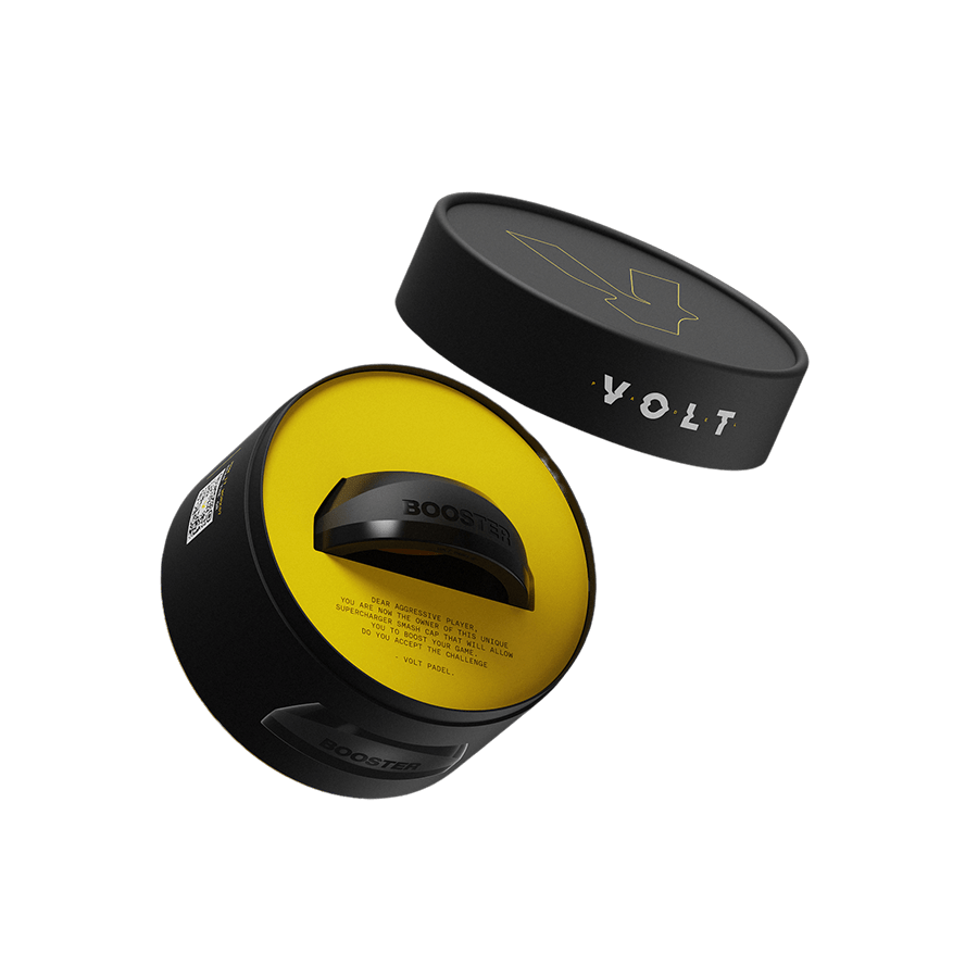Black Booster cap in a sleek round packaging, with the Volt logo on the top and a message inside inviting players to embrace the challenge for aggressive play.