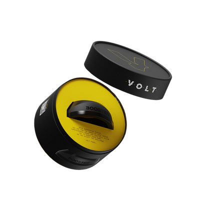 Black Booster cap in a sleek round packaging, with the Volt logo on the top and a message inside inviting players to embrace the challenge for aggressive play.