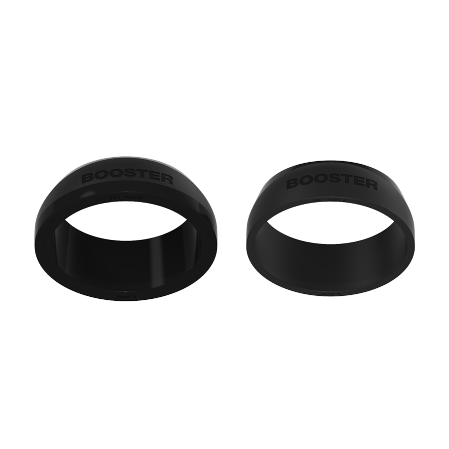 Pair of black silicone caps with BOOSTER embossed on the sides.