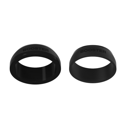 Pair of black silicone caps with BOOSTER embossed on the sides.