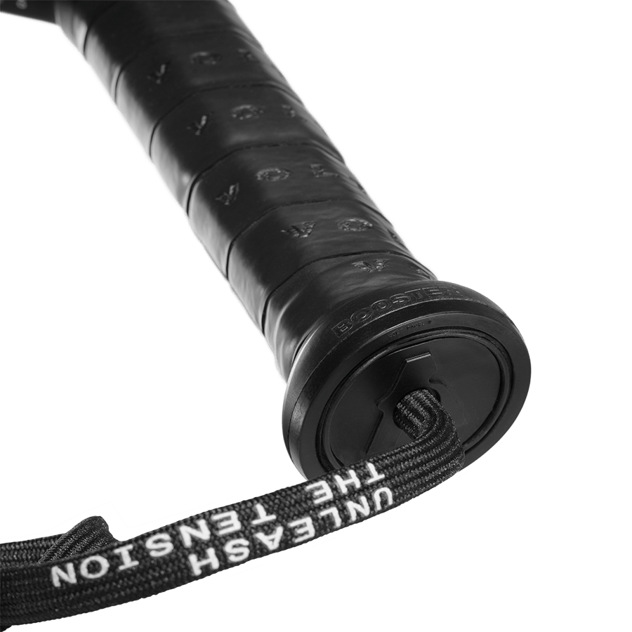 Close-up of the Booster cap on a racket handle, with the Booster engraving visible and a stcap with the text Unleash The Tension.