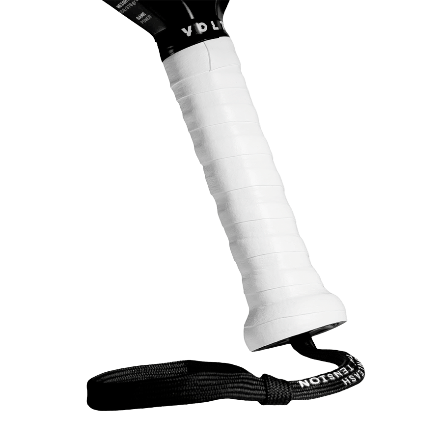 Close-up of a racket handle wrapped with white grip tape, with the Booster engraving visible  and a black strap with the text Unleash The Tension.
