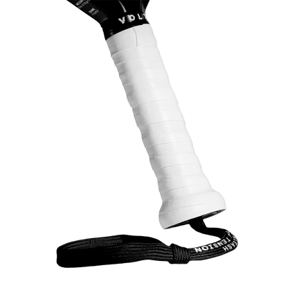 Close-up of a racket handle wrapped with white grip tape, with the Booster engraving visible  and a black strap with the text Unleash The Tension.