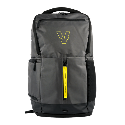 Front view of a gray and yellow Volt backpack