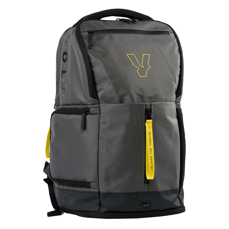Volt backpack in grey with yellow accents, front-side view