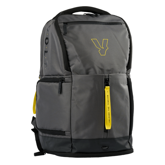 Volt backpack in grey with yellow accents, front-side view