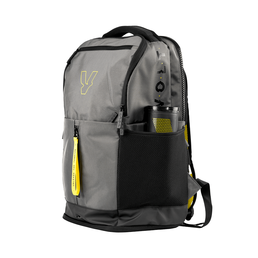 Volt backpack side view showing mesh pocket with a bottle