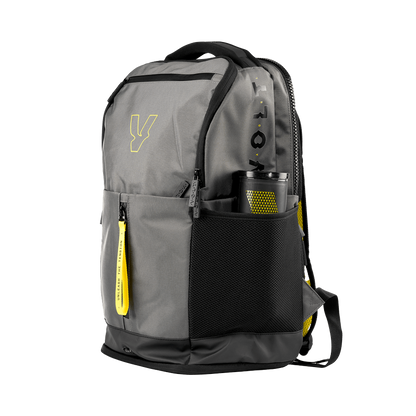 Volt backpack side view showing mesh pocket with a bottle