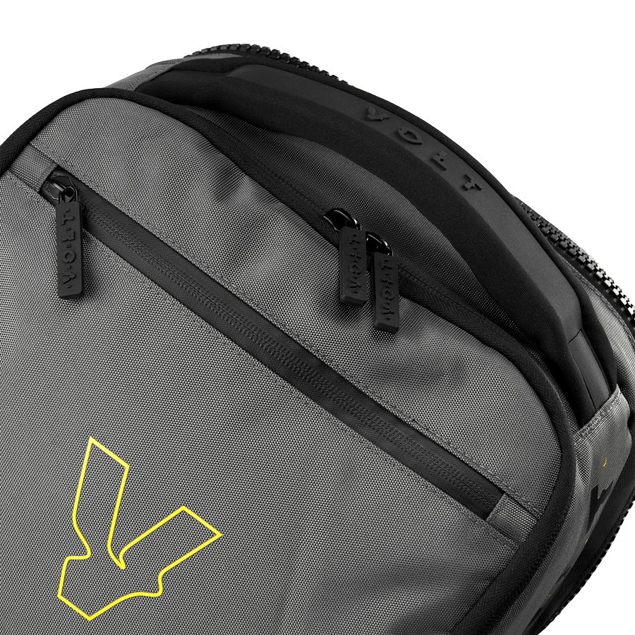 Close-up of the Volt Padel backpack top zipper with Volt branding