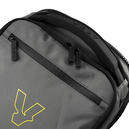 Close-up of the Volt Padel backpack top zipper with Volt branding