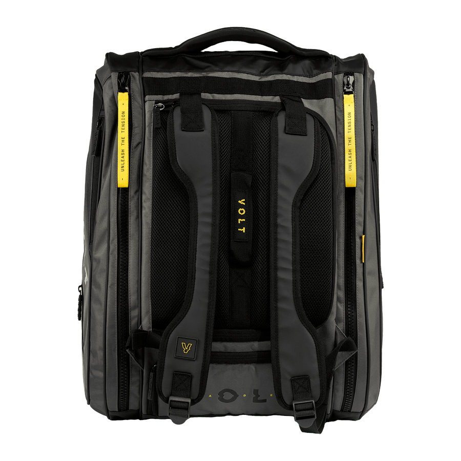 Upright view of the Volt Padelbag Grey XL in black and grey with sleek yellow branding details.