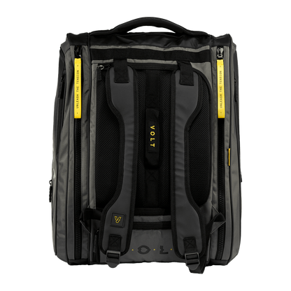 Upright view of the Volt Padelbag Grey XL in black and grey with sleek yellow branding details.