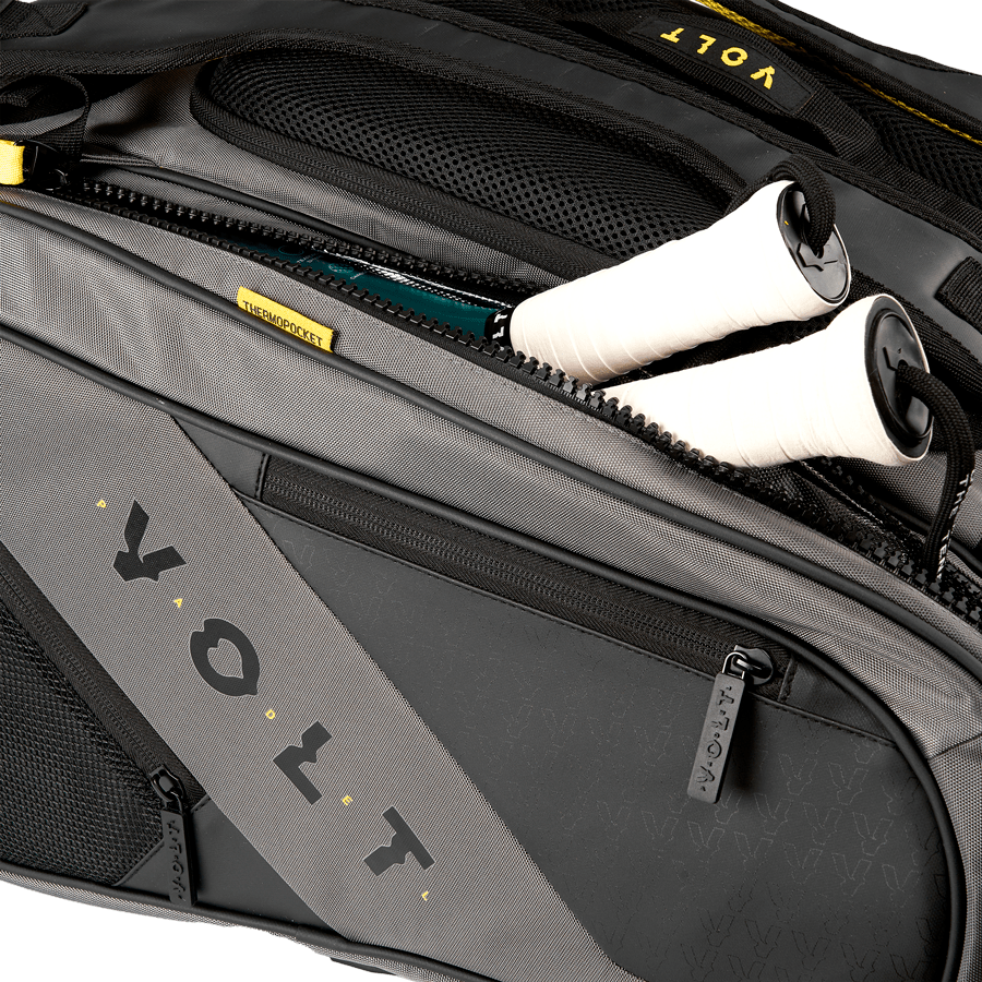 Close-up of the Volt Padelbag Grey XL zipper compartment, showcasing the premium Thermopocket storage for rackets.
