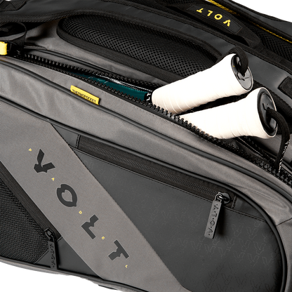 Close-up of the Volt Padelbag Grey XL zipper compartment, showcasing the premium Thermopocket storage for rackets.