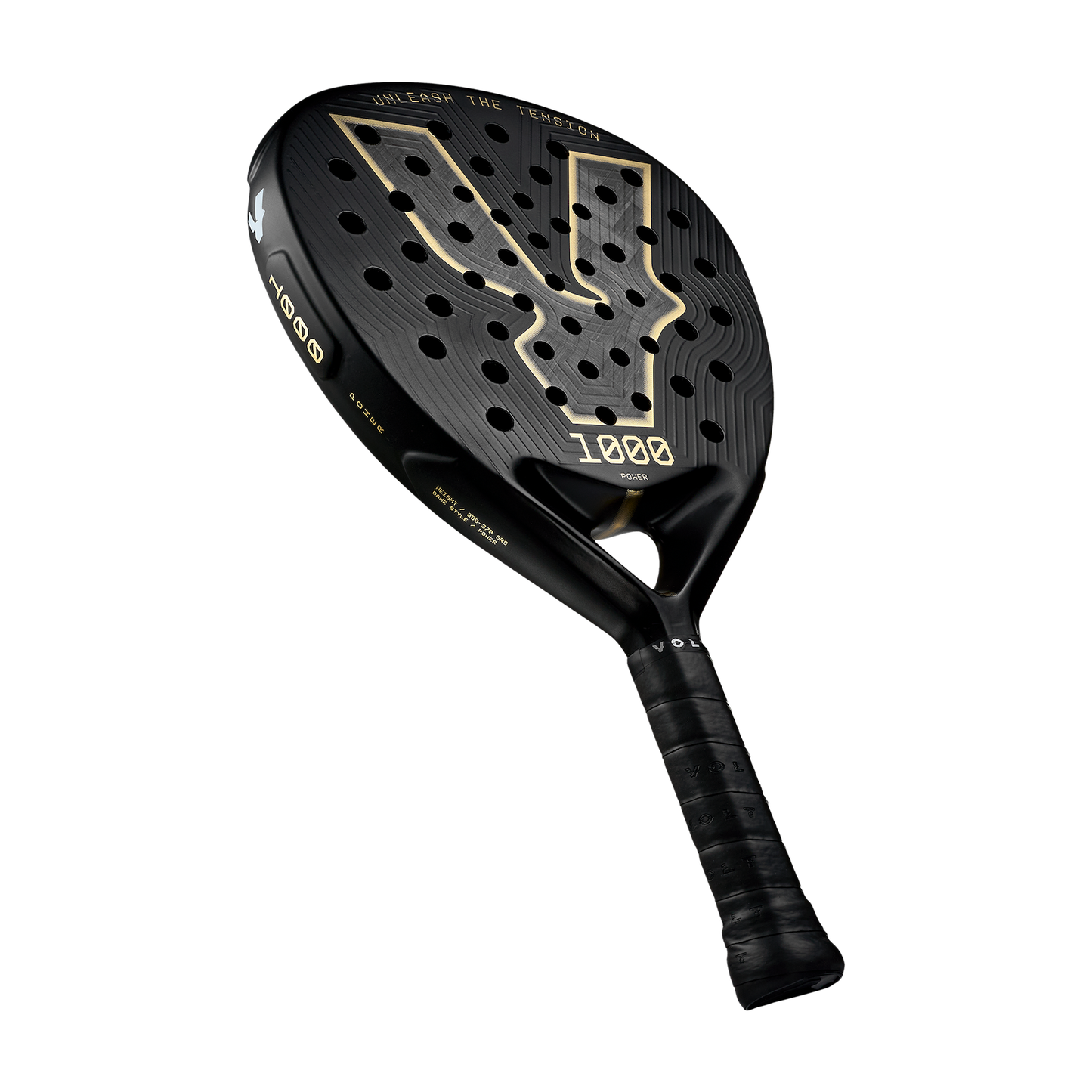 Angle view of the Volt 1000 V5 padel racket, showcasing its classy black and metallic gold design with its 24K Silver Aluminized Carbon pattern inside the big logo.
