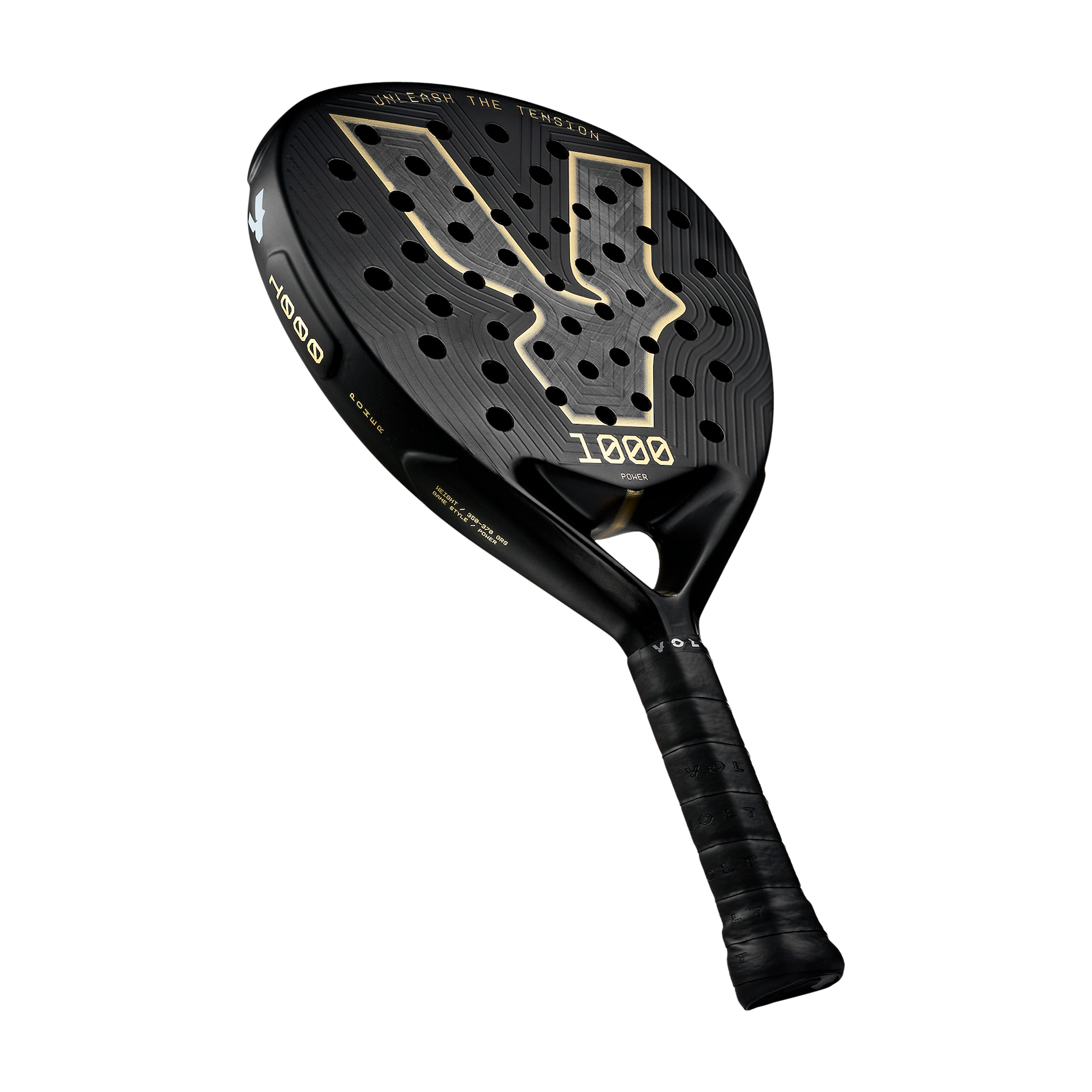 Angle view of the Volt 1000 V5 padel racket, showcasing its classy black and metallic gold design with its 24K Silver Aluminized Carbon pattern inside the big logo.