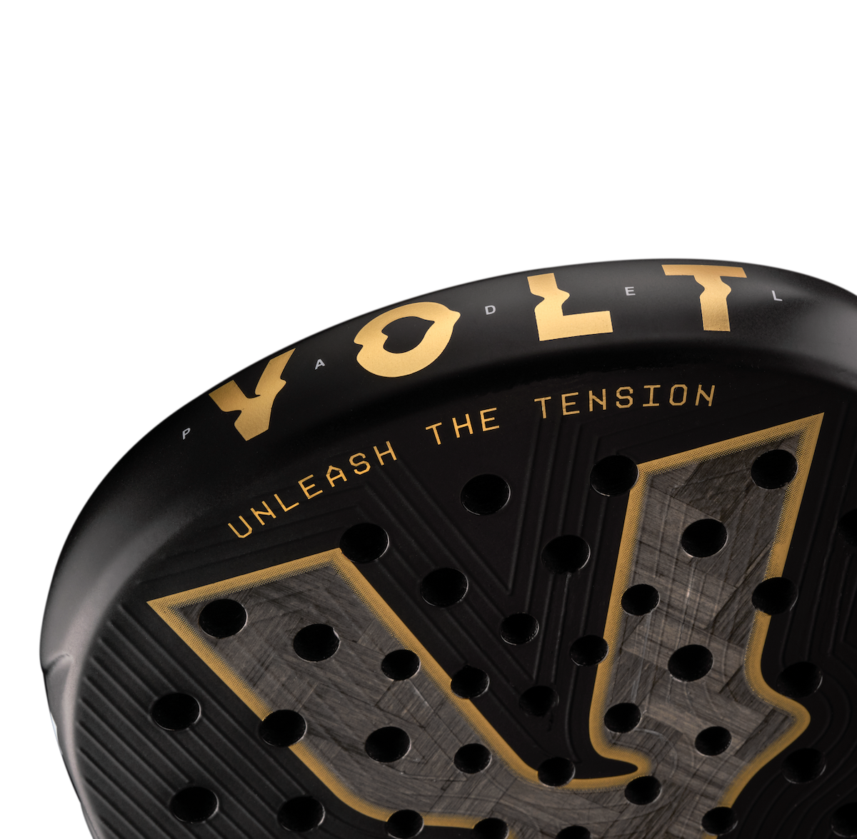 Top detail of the Volt 1000 V5 padel racket, showcasing the metallic gold design with its 24K Silver Aluminized Carbon pattern inside the big logo.