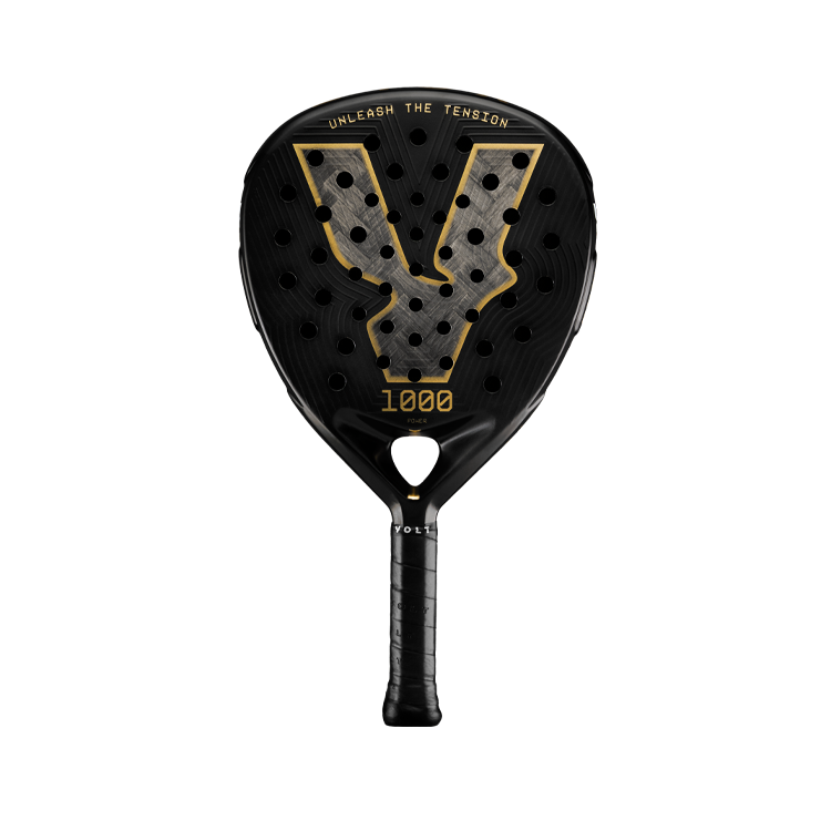 Front view of the Volt 1000 V5 padel racket, showcasing its classy black and metallic gold design with its 24K Silver Aluminized Carbon pattern inside the big logo.