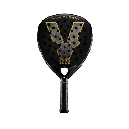 Front view of the Volt 1000 V5 padel racket, showcasing its classy black and metallic gold design with its 24K Silver Aluminized Carbon pattern inside the big logo.