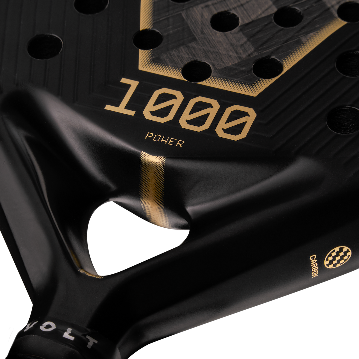 Heart detail of the Volt 1000 V5 padel racket, showcasing its new heart design with textured finish, 1000 letters and balance detail.