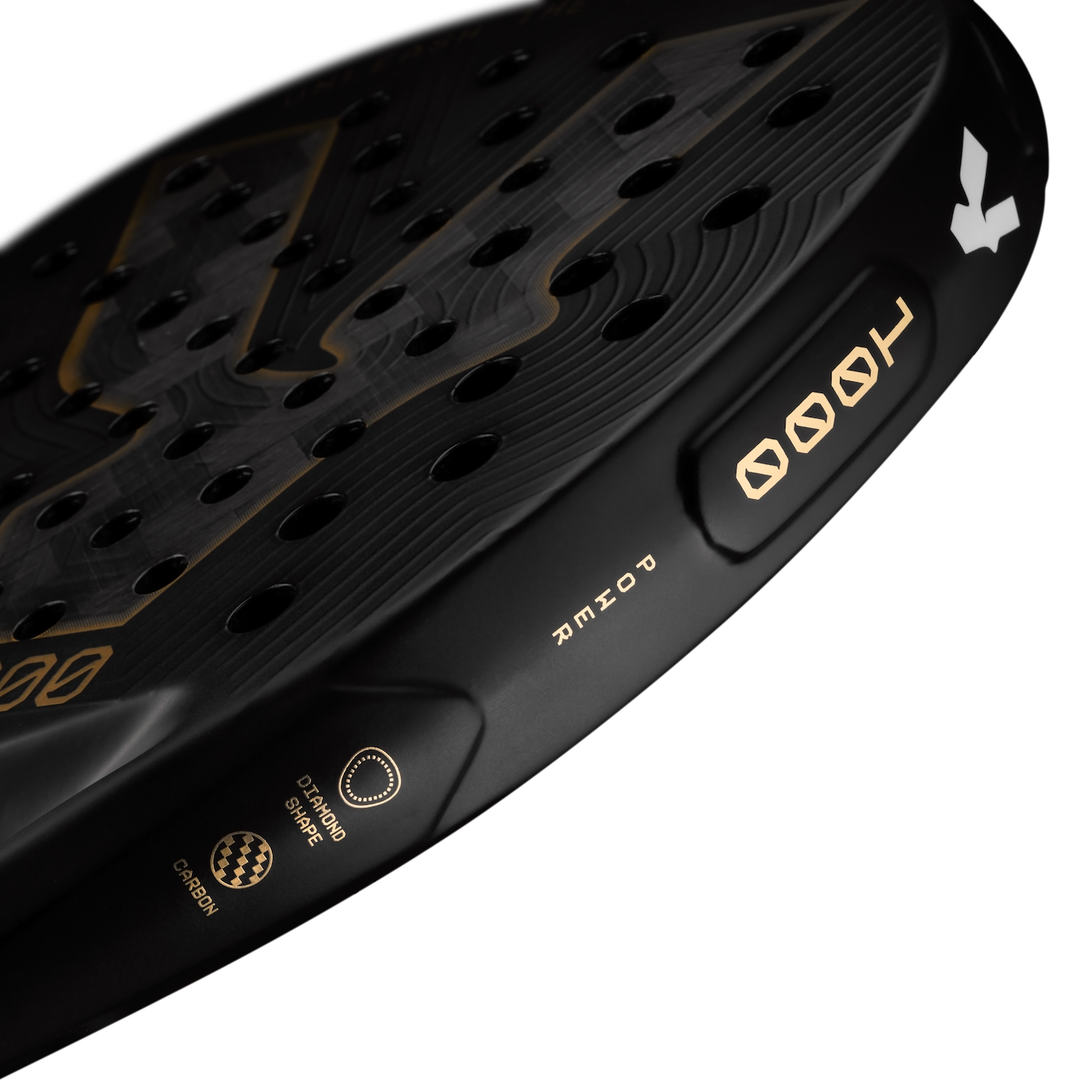 Top detail of the Volt 1000 V5 padel racket, showcasing the flashy gold Volt logo and the metallic gold details on the side