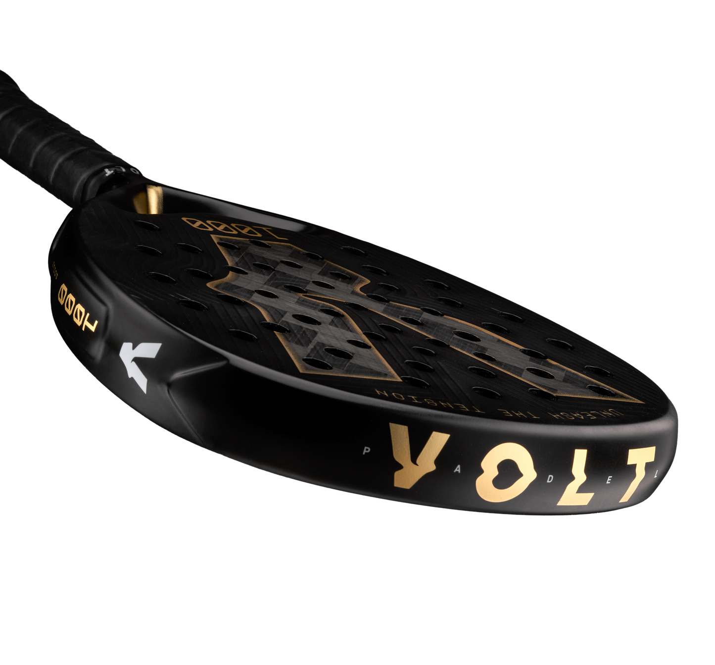 Top detail of the Volt 1000 V5 padel racket, showcasing the flashy gold Volt logo and the metallic gold details on the side