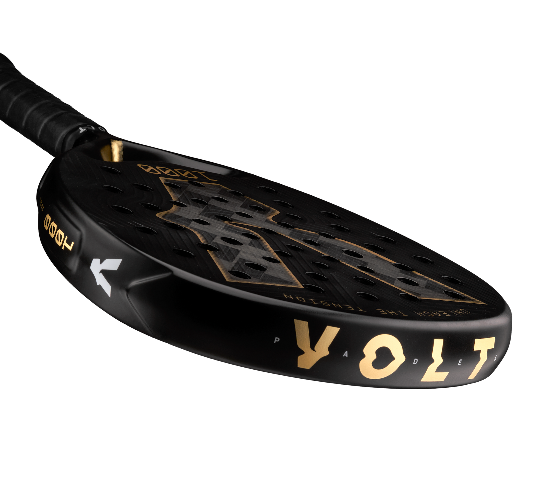 Top detail of the Volt 1000 V5 padel racket, showcasing the flashy gold Volt logo and the metallic gold details on the side
