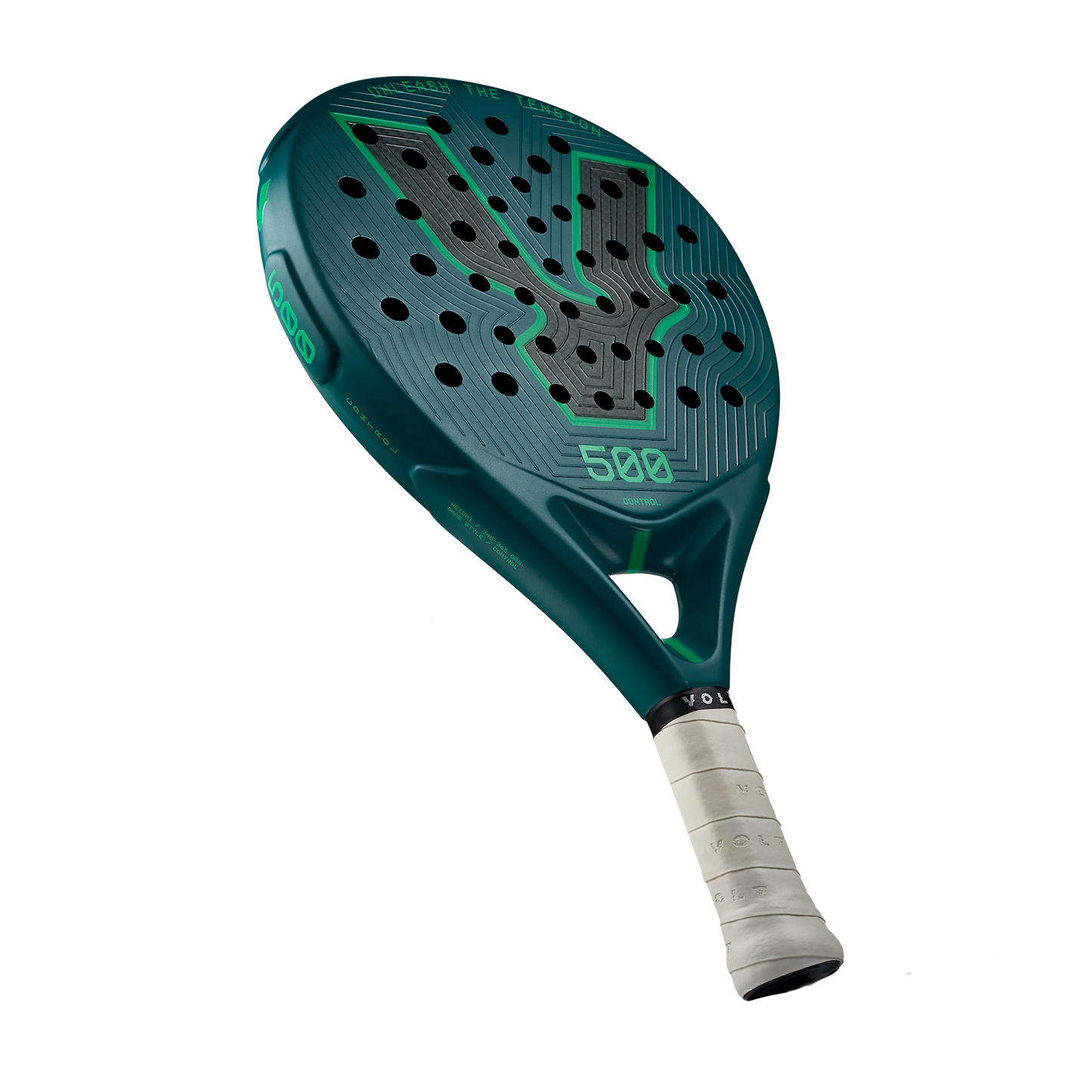 Angle view of the Volt 500 V5 padel racket, showcasing its vibrant green and fluor green design with its 3K Tweel carbon pattern inside the big logo.