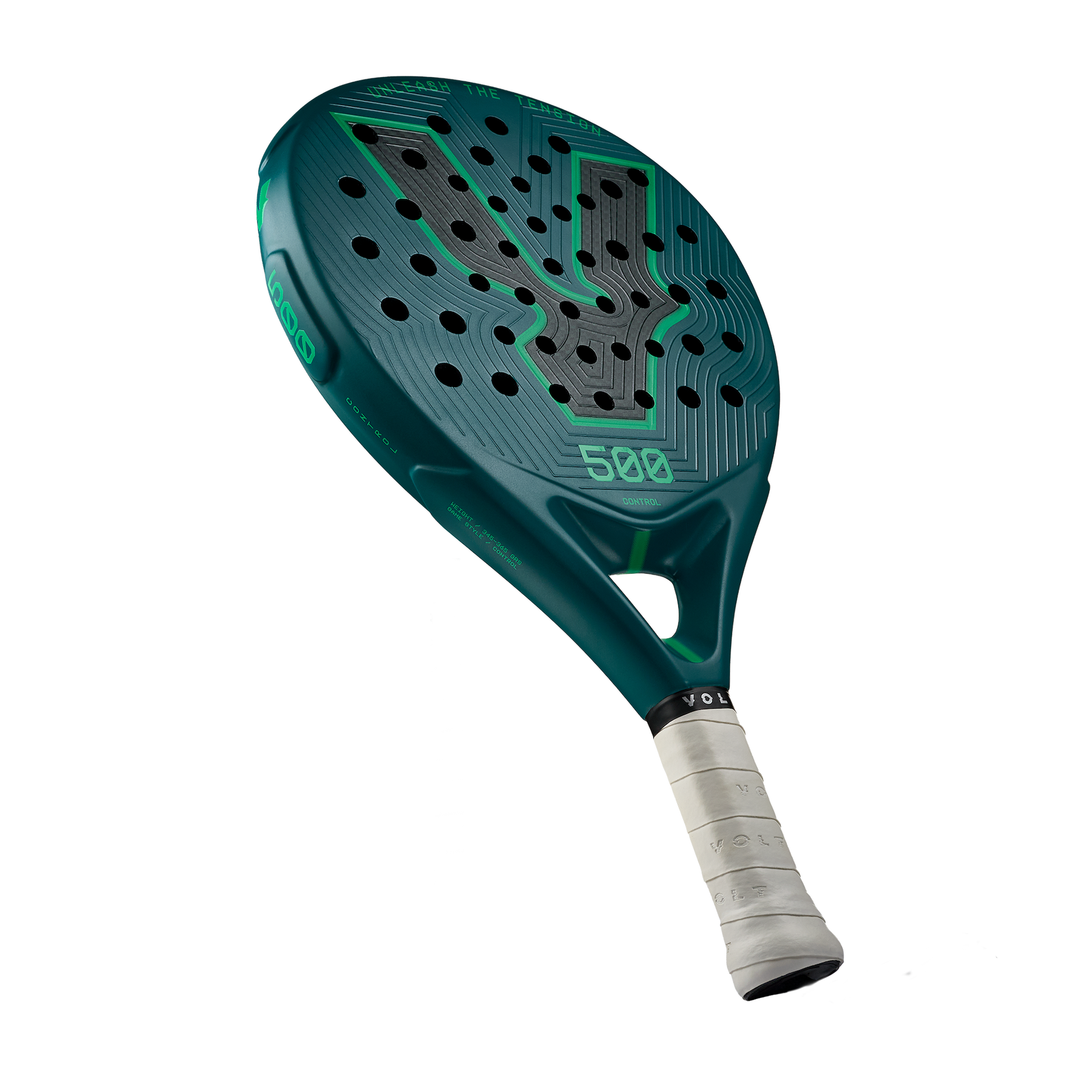 Angle view of the Volt 500 V5 padel racket, showcasing its vibrant green and fluor green design with its 3K Tweel carbon pattern inside the big logo.