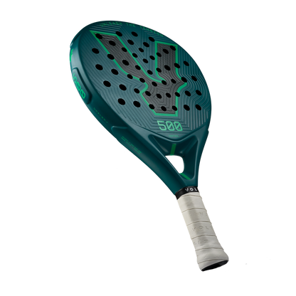 Angle view of the Volt 500 V5 padel racket, showcasing its vibrant green and fluor green design with its 3K Tweel carbon pattern inside the big logo.