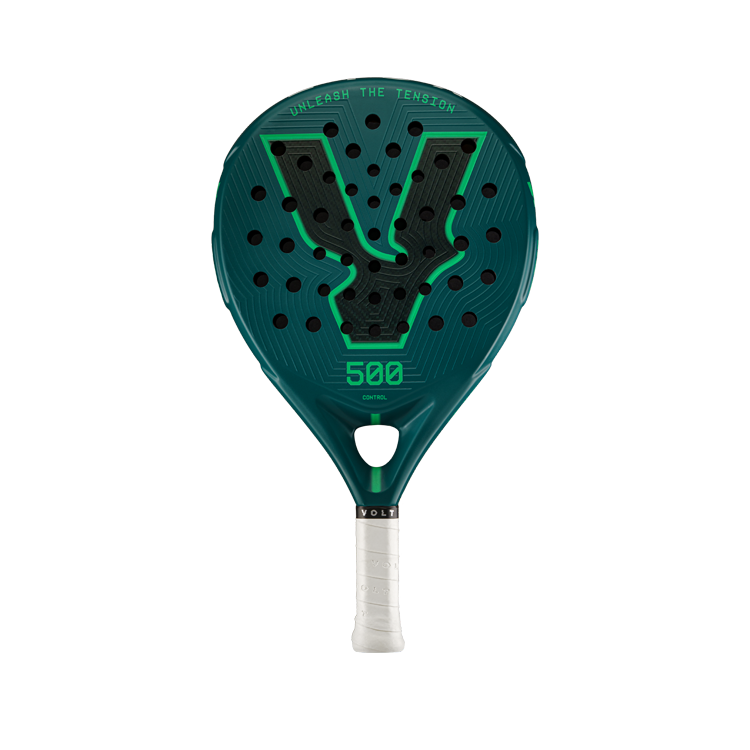 Front view of the Volt 500 V5 padel racket, showcasing its vibrant green and fluor green design with its 3K Tweel carbon pattern inside the big logo.