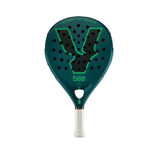 Front view of the Volt 500 V5 padel racket, showcasing its vibrant green and fluor green design with its 3K Tweel carbon pattern inside the big logo.