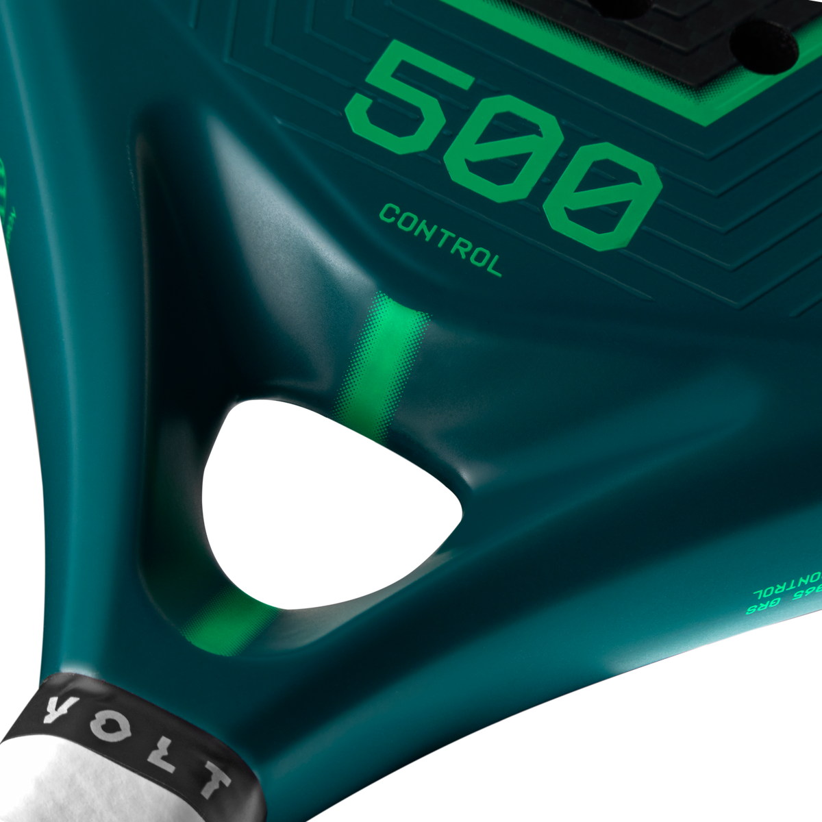 Heart detail of the Volt 500 V5 padel racket, showcasing its new heart design with textured finish, 500 letters and control detail.