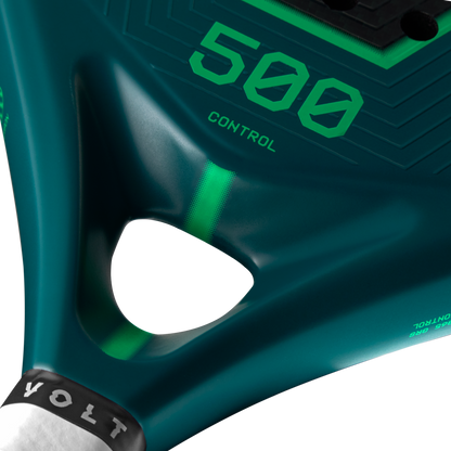 Heart detail of the Volt 500 V5 padel racket, showcasing its new heart design with textured finish, 500 letters and control detail.