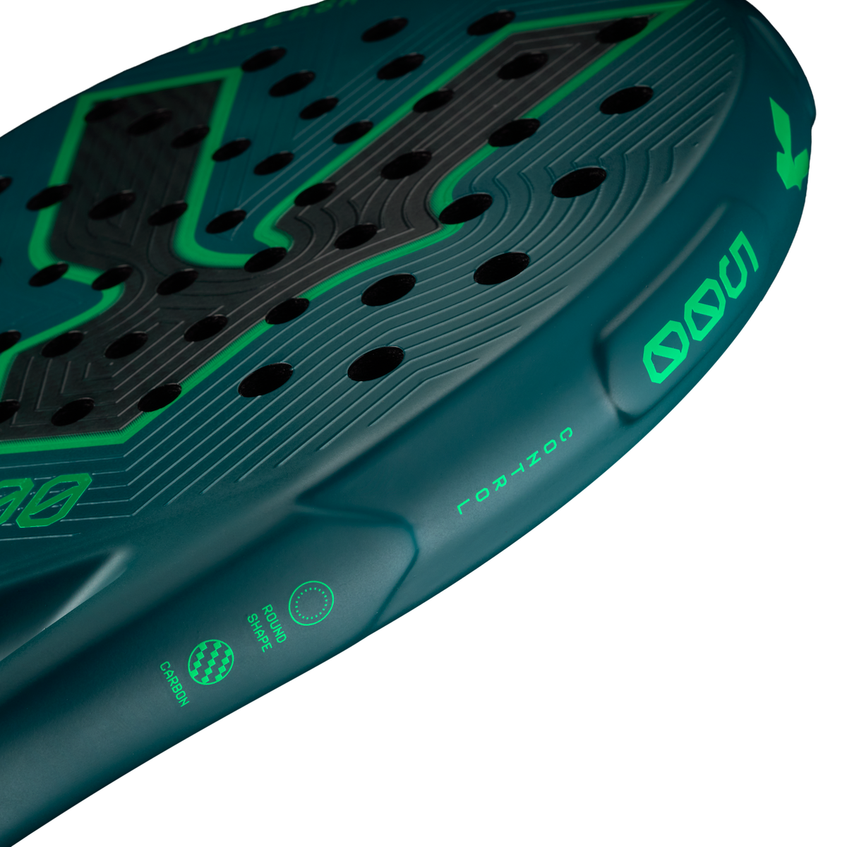 Side detail of the Volt 500 V5 padel racket, showcasing the vibrant green and fluor green 500 letters and other details, with its 3K Tweel carbon pattern inside the big logo.