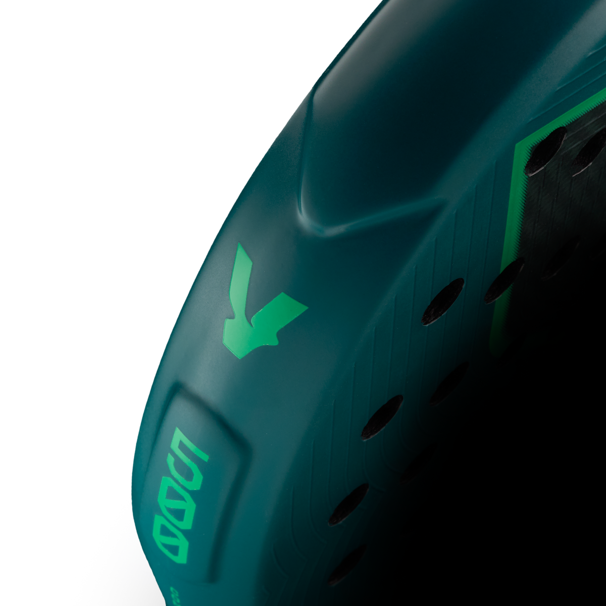 Side detail of the Volt 500 V5 padel racket, showcasing the vibrant green and fluor green V logo and highlighting the racket shape details on the side.