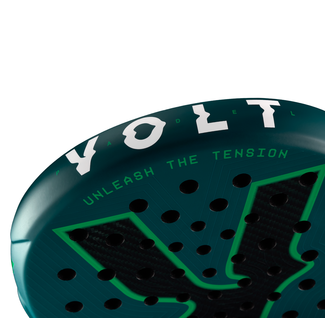 Top detail of the Volt 500 V5 padel racket, showcasing the flashy white Volt logo and highlighting  3K Tweel carbon pattern inside the big logo.