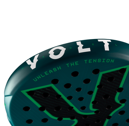 Top detail of the Volt 500 V5 padel racket, showcasing the flashy white Volt logo and highlighting  3K Tweel carbon pattern inside the big logo.