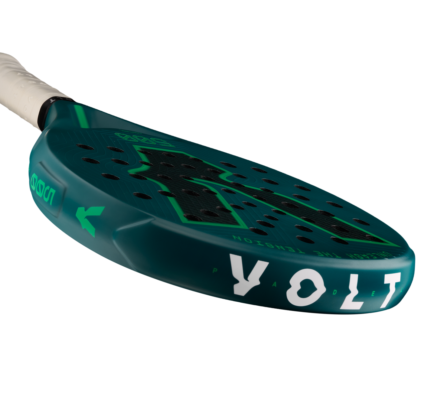 Top detail of the Volt 500 V5 padel racket, showcasing the flashy white Volt logo and the fluor green details on the side