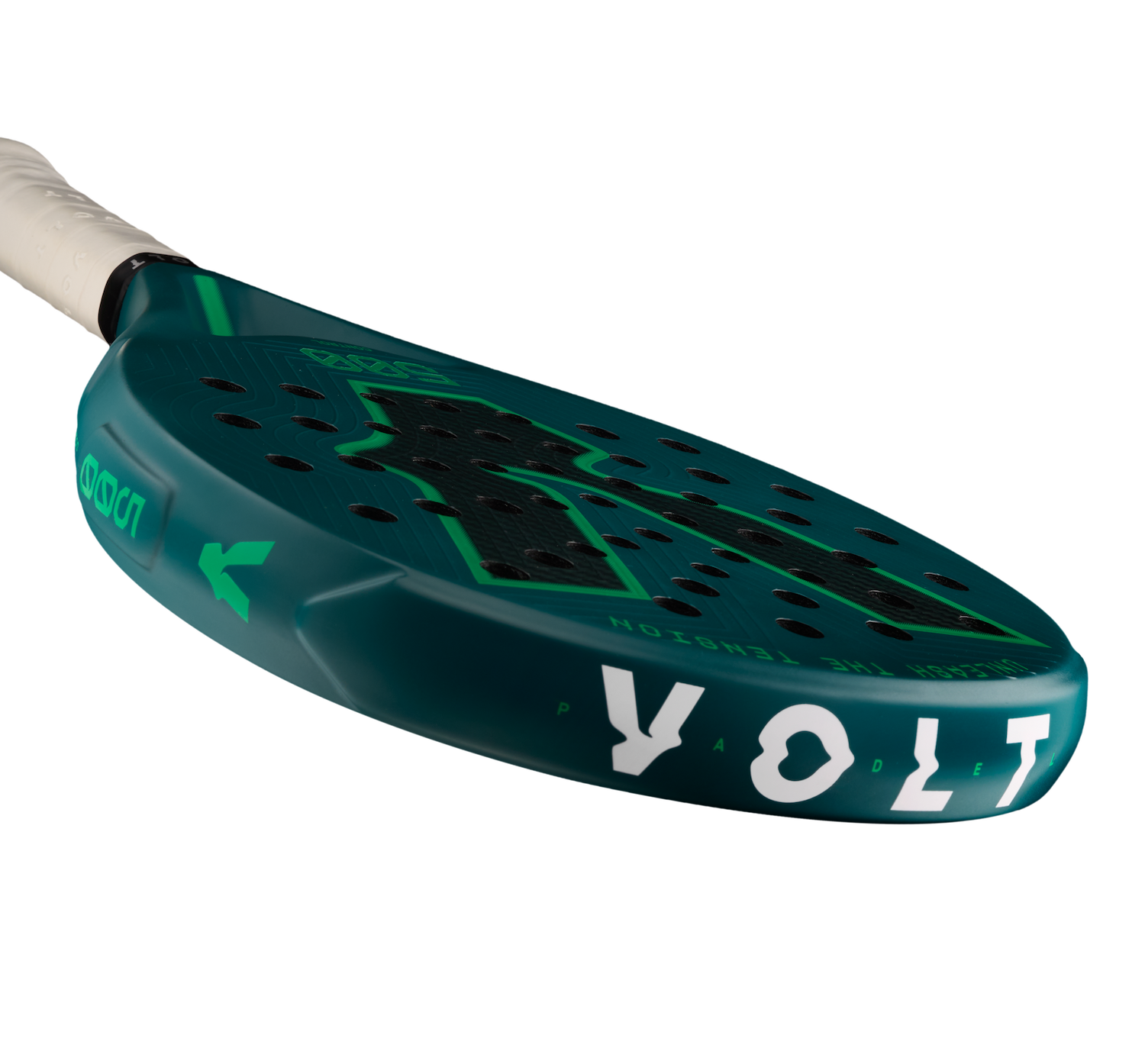 Top detail of the Volt 500 V5 padel racket, showcasing the flashy white Volt logo and the fluor green details on the side