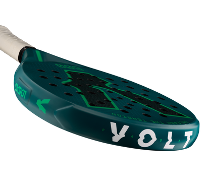 Top detail of the Volt 500 V5 padel racket, showcasing the flashy white Volt logo and the fluor green details on the side