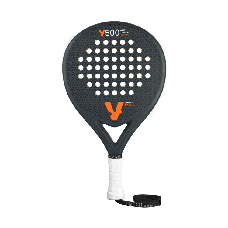 Front view of the Volt 500 Junior V4 padel racket, showcasing its perforated face, orange branding, and lightweight design for junior players.