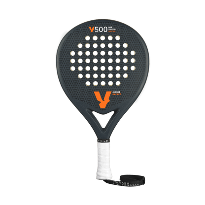 Front view of the Volt 500 Junior V4 padel racket, showcasing its perforated face, orange branding, and lightweight design for junior players.