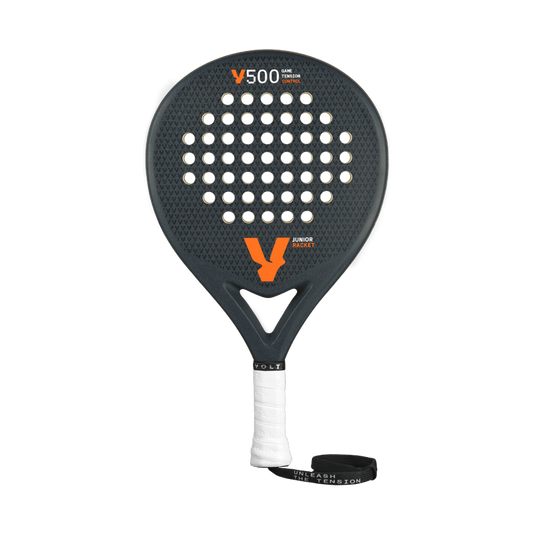 Front view of the Volt 500 Junior V4 padel racket, showcasing its perforated face, orange branding, and lightweight design for junior players.