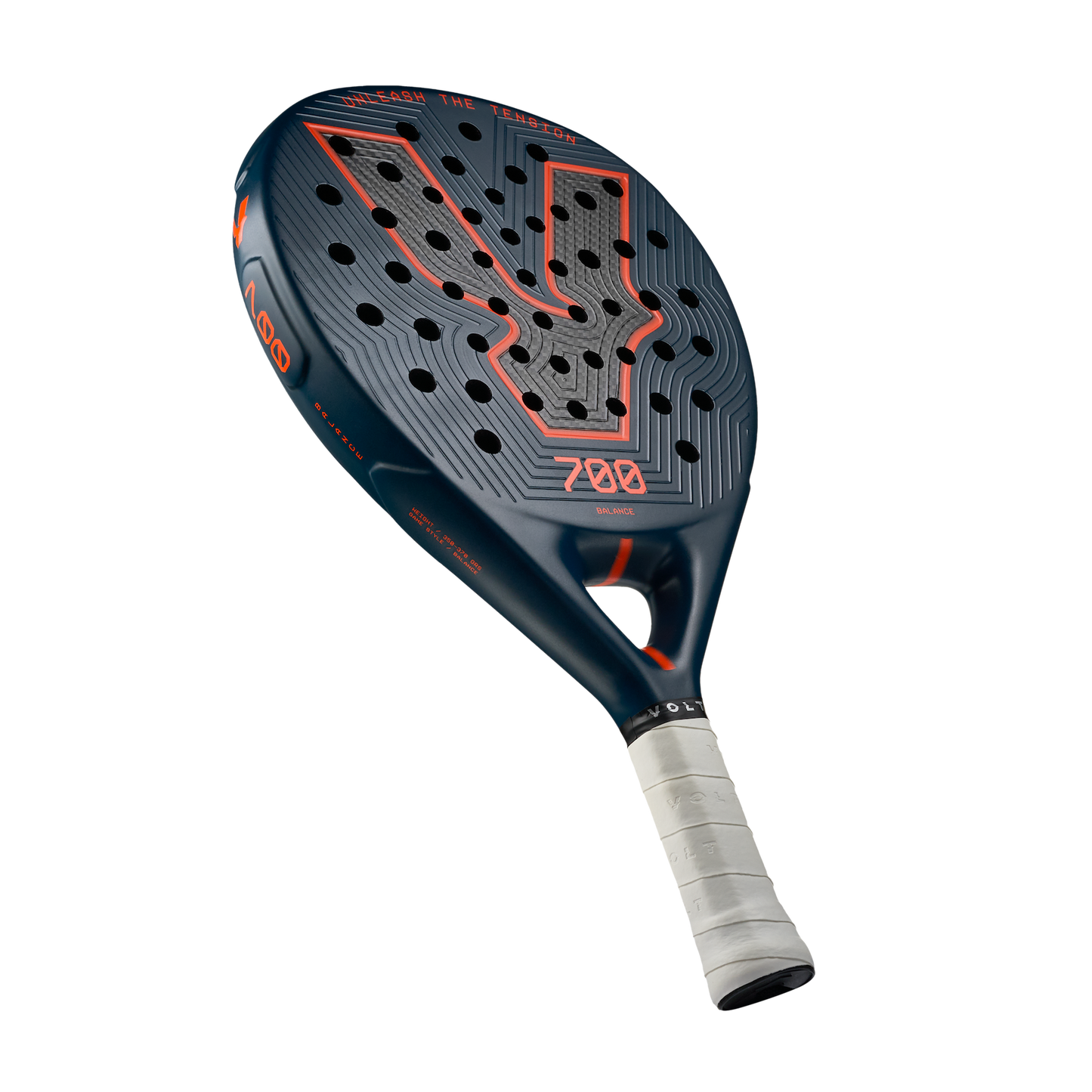Angle view of the Volt 700 V5 padel racket, showcasing its beautiful dark blue and fluor orange design with its 3K Tweel carbon pattern inside the big logo.