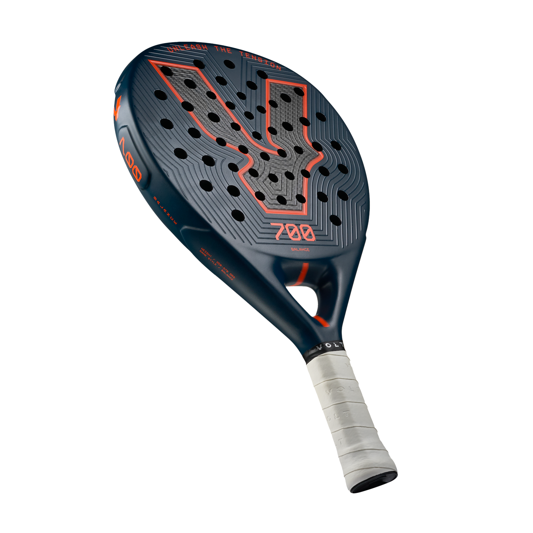 Angle view of the Volt 700 V5 padel racket, showcasing its beautiful dark blue and fluor orange design with its 3K Tweel carbon pattern inside the big logo.