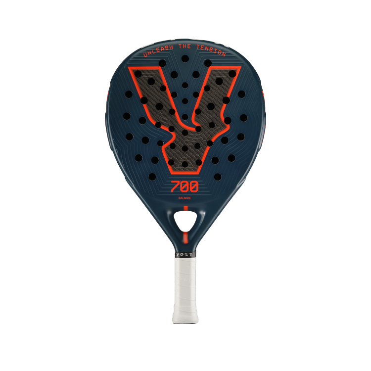 Front view of the Volt 700 V5 padel racket, showcasing its beautiful dark blue and fluor orange design with its 3K Tweel carbon pattern inside the big logo.